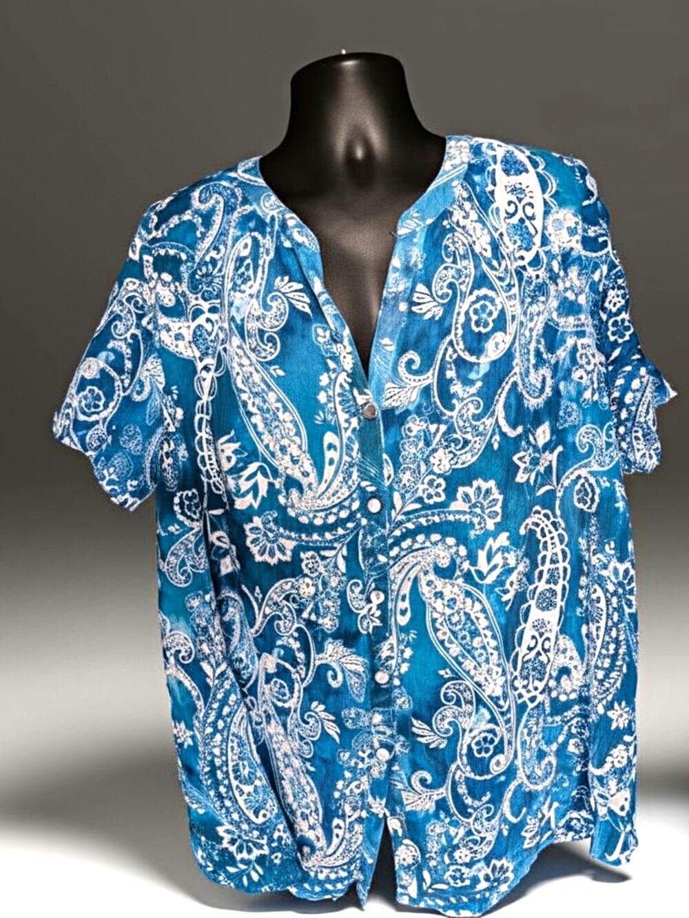 Roaman's Blue/White Paisley Rayon Woven Button Front Short Sleeve Blouse 26W
